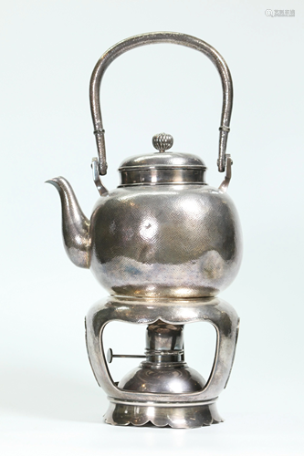 Japanese Hammered Silver Teapot & Lamp Stand; 980G