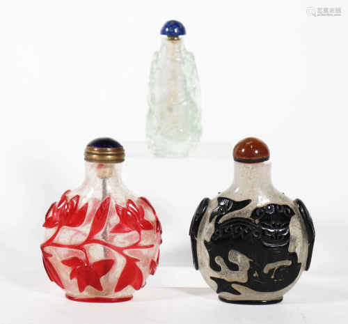 3 Chinese 19 C Glass Snuff Bottles, 2 Overlay