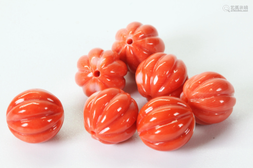 7 Matched Coral Beads with Striated Lines; 9G