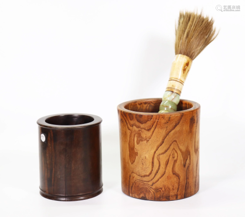 2 Chinese Hard Wood Brush Pots; Hard Stone Brush