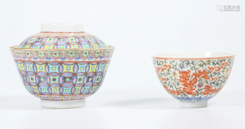 2 Chinese Enameled Porcelain Teacups, 1 with Cover