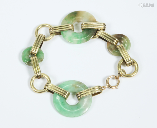 Art Deco Chinese Jadeite & 14K Gold Chain Bracelet
