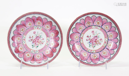 Pr Chinese 18 C Rose Enamel Porcelain Lotus Plates