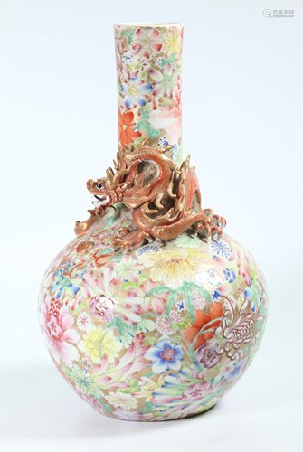 Chinese Qing Flower & Dragon Porcelain Vase