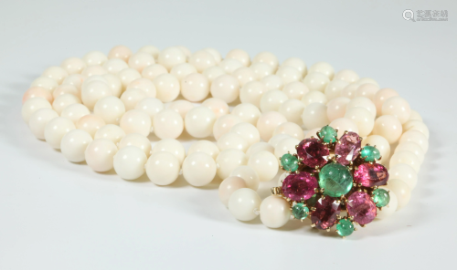 Vintage Angel Skin Coral & Tourmaline 14K Necklace