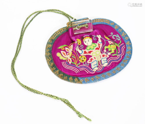 Chinese Qing Liu Hai & Frog Embroidered Silk Bag
