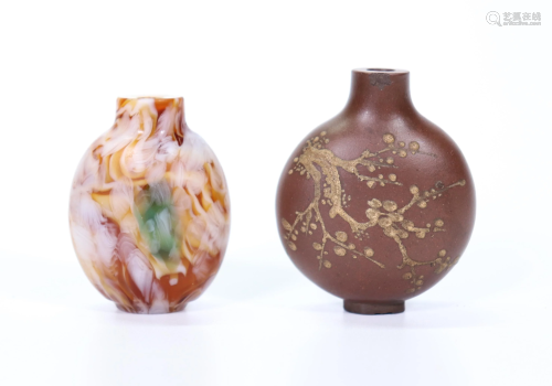 2 Chinese 19 C Snuff Bottles; Yixing & Agate Glass
