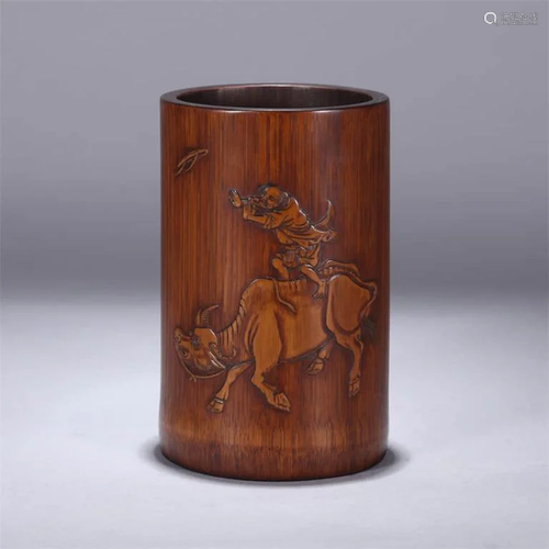 A Figure and Ox Carved Bamboo Brush Pot