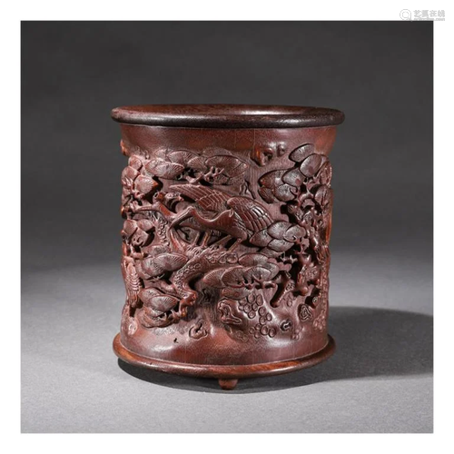 A Pine and Crane Bamboo Carved Brush Pot