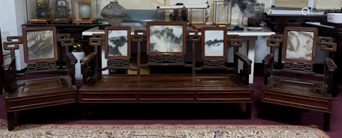 A Set of Rosewood Carved Chairs W/ Marble