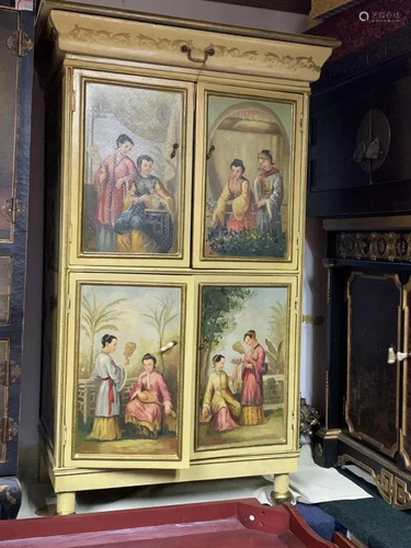 Wood Cabinet W/ Chinese Ladies Portray Paintings