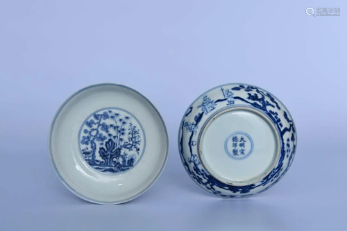 A Pair of Blue and White Floral Porcelain Plates