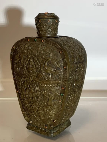 Tibet Buddhism Bronze Inlay Gem Bottle