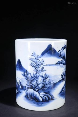 A Blue and White Landscape Porcelain Brush Pot