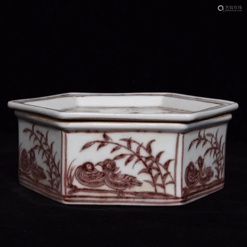 Underglazed Red MandarinDuck Porcelain Hexagon Box