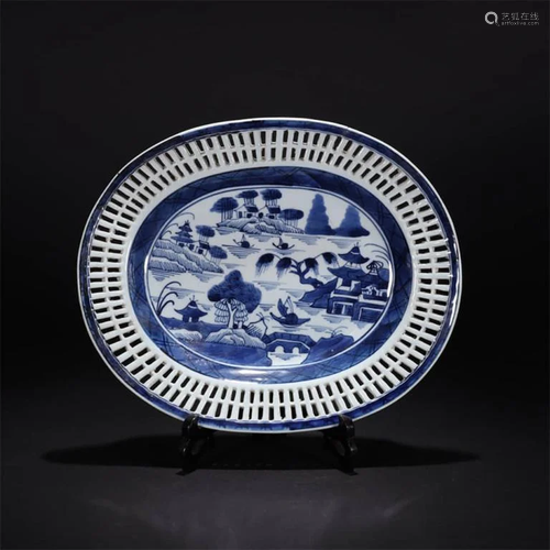 Blue and White Landscape Porcelain Piercing Plate