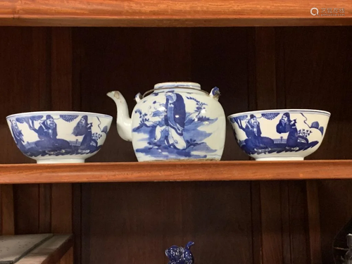 Lot of 3 Blue and White Porcelain Tea Pot & Bowls