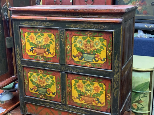 Antique Tibetan Cabinet with Flower Motifs