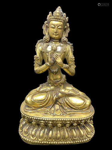 Tibetan Gilt Bronze Buddha Statue with Crown