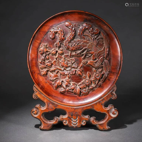 A Hali Wood Carved Phoenix&Peony Plate