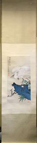 Chinese Ink And Color Scroll Painting Of White Cra