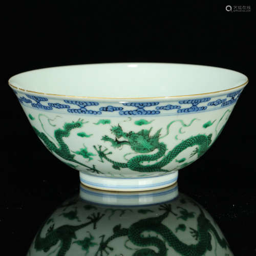 Chinese Blue White Green Dragon Porcelain Bowl