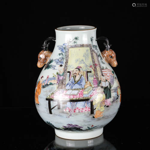 Chinese Famille Rose Deer Head Porcelain Vase