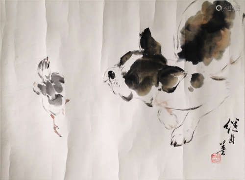 Chinese Ink And Color Painting Of Dog On Paper