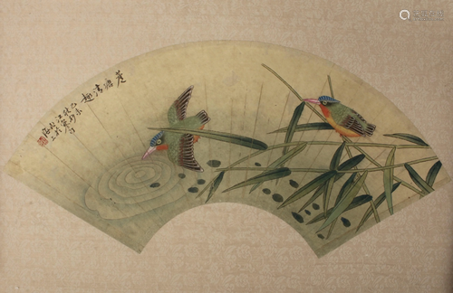 UNMOUNTED FAN PAINTING OF BIRDS