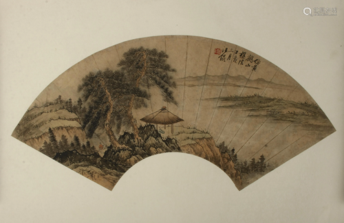 UNMOUNTED FAN PAINTING OF LANDSCAPE