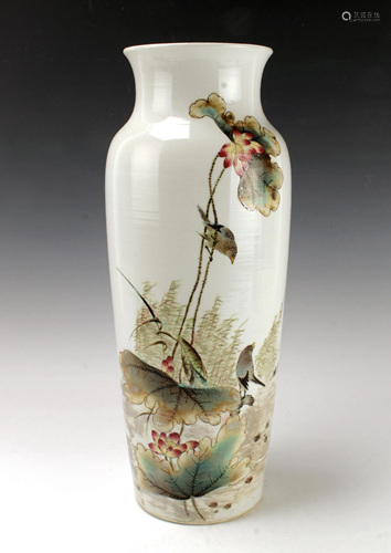 TALL REPUBLIC PERIOD BIRD & LOTUS BLOSSOM VASE