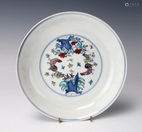FINE 19TH C. CHINESE PORCELAIN DUCAI ROOSTER BOWL