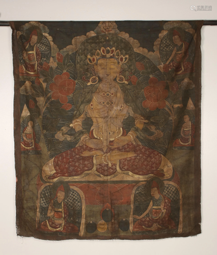 LARGE ANTIQUE HAND PAINTED BUDDHA THANGKA