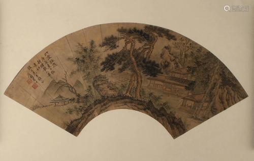 UNMOUNTED FAN PAINTING OF LANDSCAPE