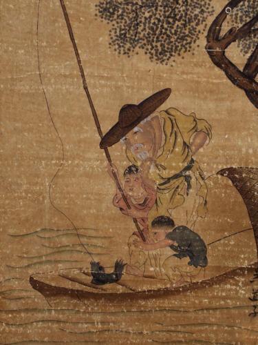 CHINESE SCROLL OF FISHERMAN TEACHING CHILDREN