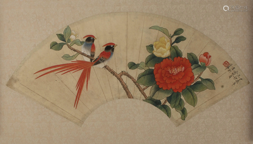 UNMOUNTED FAN PAINTING OF SONGBIRDS