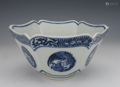 YONGZHENG HEXAGONAL BLUE & WHITE CRANE BOWL