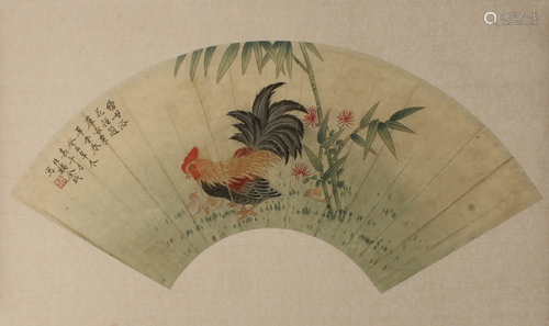 UNMOUNTED FAN PAINTING OF ROOSTER