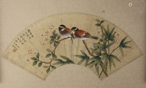 UNMOUNTED FAN PAINTING OF SONGBIRDS