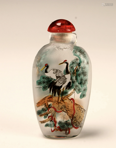 REVERSE PAINTED CRANE SNUFF BOTTLE