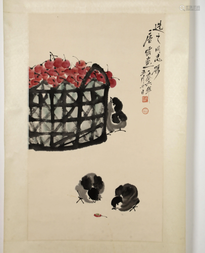 CHINESE SCROLL OF CHICKS AND CHERRIES