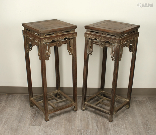 PAIR HUANGHUALI ARCHAIC CARVED VASE STANDS