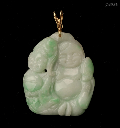 CARVED GREEN & WHITE JADE PENDANT