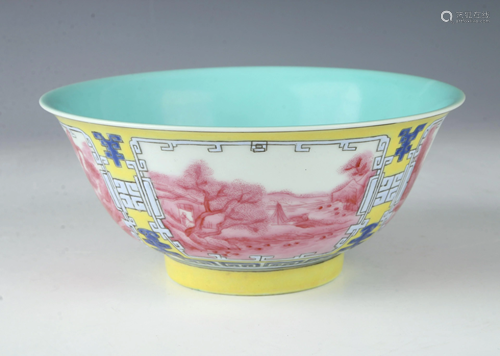 CHINESE PORCELAIN PINK LANDSCAPE BOWL