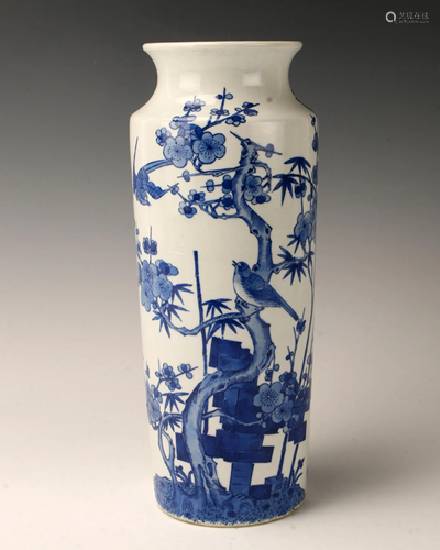 BLUE & WHITE KANGXI VASE OF BIRDS & BLOSSOMS