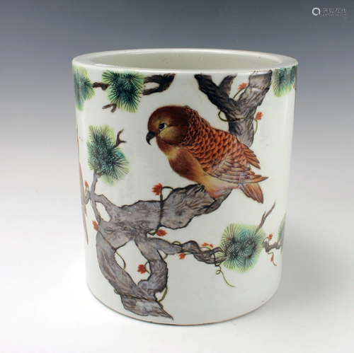 LARGE REPUBLIC PERIOD PORCELAIN OWL BRUSH POT