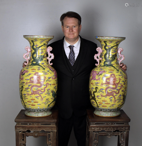 PAIR MONUMENTAL YELLOW DRAGON PALACE VASES