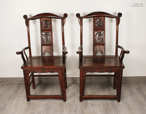 PAIR CHINESE CARVED PIERCED OFFICERS HAT CHAIRS