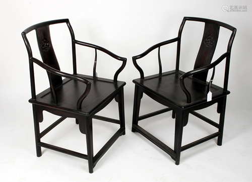 PAIR ANTIQUE ZITAN DRAGON ARM CHAIRS