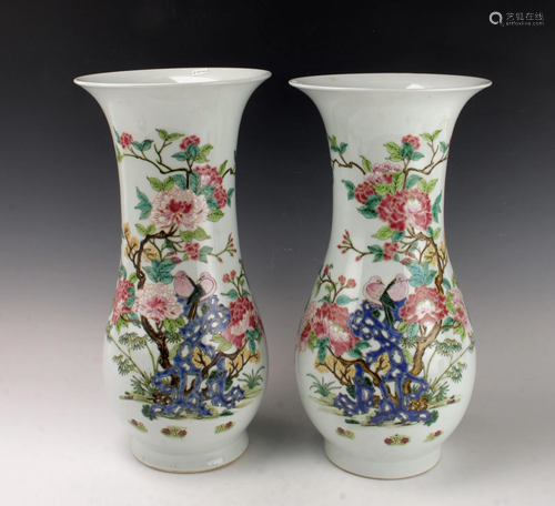 PAIR GARDEN SCENE BIRD DAOGUANG VASES